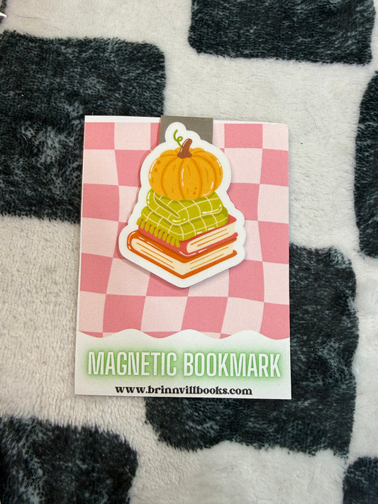 Cozy pumpkin book stack magnetic bookmark